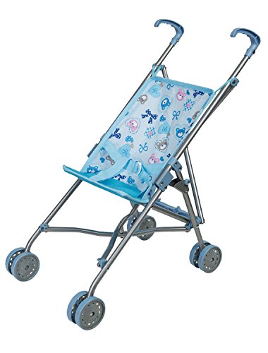 Idena 40069 - Puppenbuggy zusammenklappbar, blauer Bezug mit niedlichem Märchenmotiv, Schiebehöhe ca. 55 cm